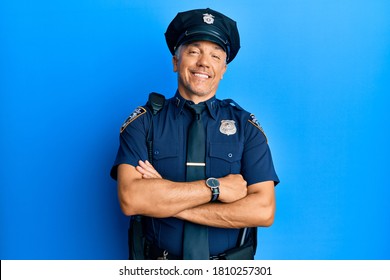 Handsome Middle Age Mature Man Wearing Police Uniform Happy Face Smiling With Crossed Arms Looking At The Camera. Positive Person. 