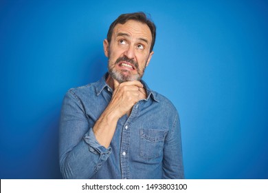 Handsome middle age senior man with grey hair over isolated blue background Thinking worried about a question, concerned and nervous with hand on chin