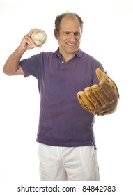 Handsome Middle Age Senior Man Softball Throwing Into Baseball Glove On White Background