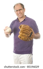 Handsome Middle Age Senior Man Softball Throwing Into Baseball Glove On White Background