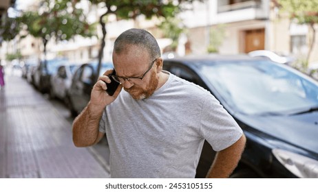 Handsome middle-aged caucasian man standing on sunlit urban street, engrossed in serious phone conversation on his cool smartphone, exhibiting a concentrated expression - Powered by Shutterstock