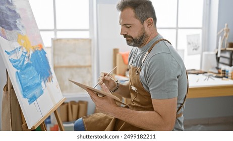 Handsome middle-aged hispanic man with grey hair painting in a bright art studio interior. - Powered by Shutterstock