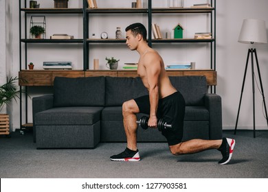 Handsome Mixed Race Man Doing Lunges Exercise With Heavy Dumbbell In Home Gym 