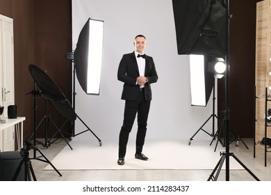 Handsome Model Posing In Studio. Professional Photo Session