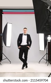 Handsome Model Posing In Studio. Professional Photo Session