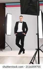 Handsome Model Posing In Studio. Professional Photo Session