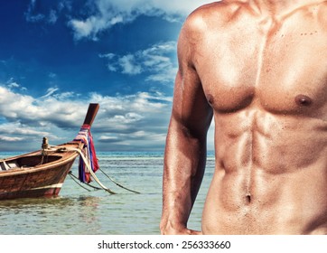 Handsome Muscle Man On The Beach. Thailand.