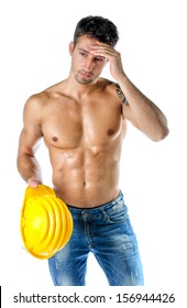 Handsome Muscular Construction Worker Shirtless On Stock Photo Edit