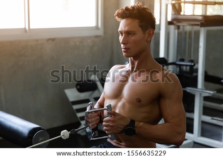 Handsome Muscular Fitness man in the gym, training hard and pulling weights in seated cable row machine, Athlete makes exercise, Bodybuilder, Sport fitness and muscles concept