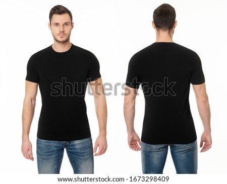 A handsome muscular guy in a black t shirt. Mockup of a template of a black man's t-shirt on a white background. Front view, rear view. 