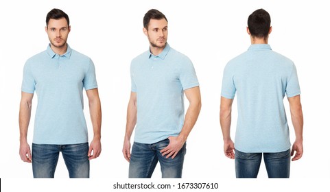 A Handsome, Muscular Guy In A Blue Polo Shirt. Template Polo T-shirts. Front View, Side View, Back View