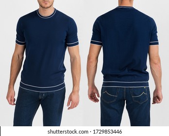 A Handsome Muscular Guy In A Blue T Shirt. Mockup Of A Template Of A Blue Man's T-shirt On A White Background. Front View, Rear View. 