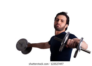 handsome muscular man exercising with dumbbells