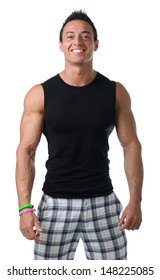 Handsome, Muscular Young Man With Black Tanktop  Smiling Isolated On White