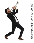 Handsome musician playing trumpet on white background