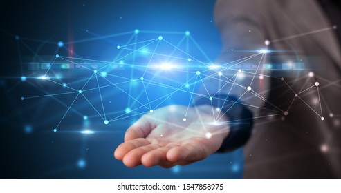 Handsome person holding hologram screen displaying modern cloud based web system technology