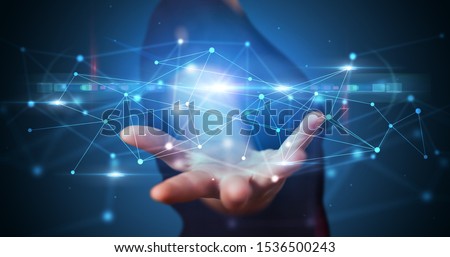 Handsome person holding hologram screen displaying modern cloud based web system technology