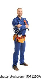 Handsome Plumber With Pipe Wrench And Flexible Hose Isolated On White