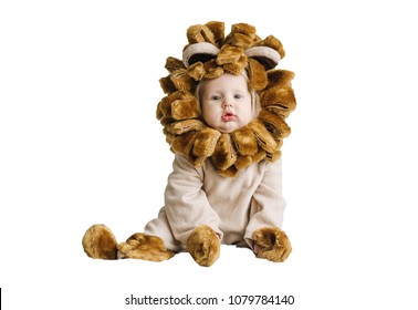 Handsome Plump Little Baby In A Lion Costume. Little Boy In Animal Costume Isolated On White Background