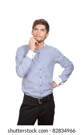 Handsome Positive Young Business Man Standing And Thinking, Isolated Over White Background. Concept Of Idea, Ask Question, Think Up, Choose, Decide,