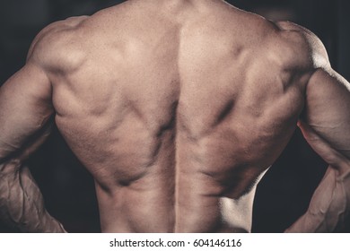 Handsome power athletic man on diet training pumping up back muscles pull up. Strong bodybuilder with six pack, perfect abs, back, shoulders, biceps, triceps and chest