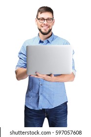 Handsome Programmer With Laptop On White Background