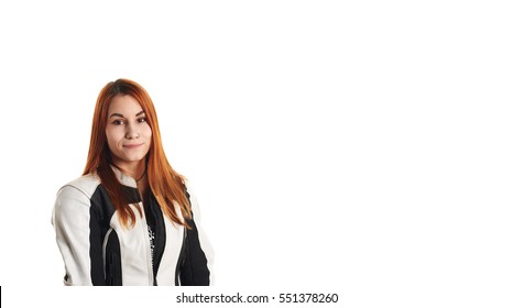 Handsome Red Head Girl Portrait In Moto Equipment On Neutral White Background. Femal Biker Shot. Copy Space For Advertising Motorcycle.