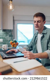 Handsome Redhead Man Sitting Kitchen Counter Stock Photo 2129861522 ...