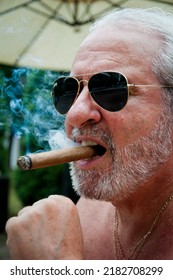 Handsome Rich Man Smoking Cigar. Old Man With Cigar. Man Smoke Cuban Cigar.