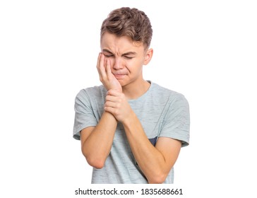 Handsome Sad Teen Boy With Tooth Pain, Isolated On White Background