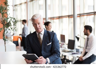 Handsome Senior Business Man With Grey Hair Working On Tablet Computer At Modern Bright Office Interior