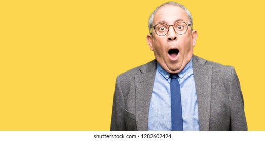 Handsome Senior Businesss Man Wearing Glasses And Tie Afraid And Shocked With Surprise Expression, Fear And Excited Face.