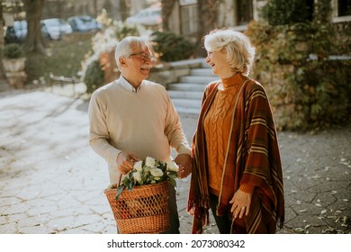 Handsome senior couple walking with basket full of flowers and groceries in autumn park - Powered by Shutterstock