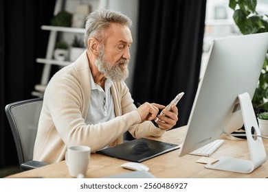 Handsome senior man interacts with his smartphone while seated at a desk with a computer. - Powered by Shutterstock