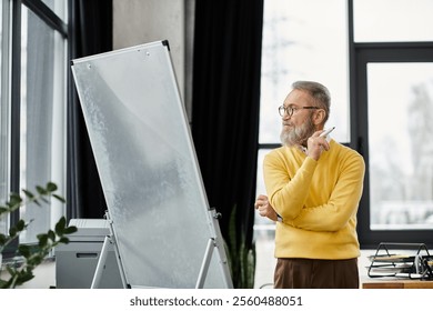 Handsome senior man thoughtfully observing a presentation in a bright office environment. - Powered by Shutterstock