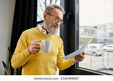 Handsome senior man in a yellow sweater reads a document while sipping coffee by the window. - Powered by Shutterstock