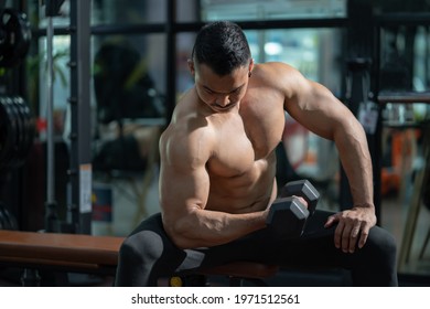 Handsome Shirtless Adult Asian Men Sweating While Lift Up The Dumbbell Workout For Arm Biceps Muscle Part Inside Of Fitness Gym. Bodybuilding Athlete Sport Training For Body Strength And Good Health.