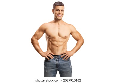 Handsome shirtless muscular guy wearing jeans and posing isolated on white background