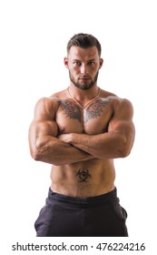 Handsome Shirtless Muscular Man, Standing, Isolated On White Background In Studio Shot