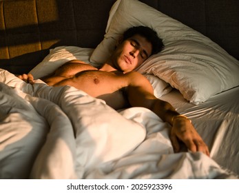 Handsome Shirtless Young Man In Bed Sleeping