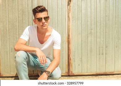 Handsome Skinny Man Pose Outside Sitting Stock Photo 328957799 ...