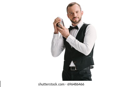 handsome smiling bartender with classical metal shaker isolated on white - Powered by Shutterstock