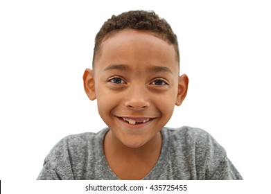 Handsome Smiling Boy Missing Front Tooth Close Up Isolated On White Background