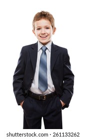 Handsome Smiling Child Boy In Business Suit White Isolated