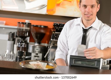 Handsome Smiling Male Waiter Giving Receipt Czech Crowns In Pub