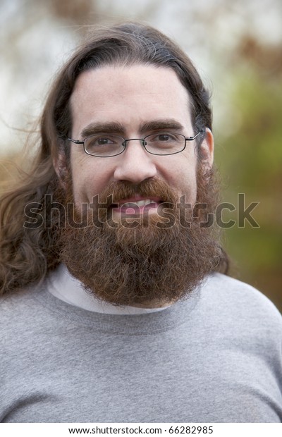 Handsome Smiling Man Long Hair Beard Stockfoto Jetzt