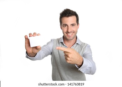 Handsome Smiling Man Showing Card