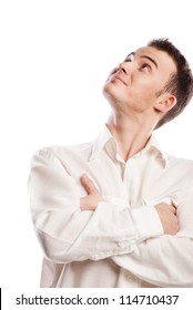 Handsome Smiling Young Man Looking Up Over White Background