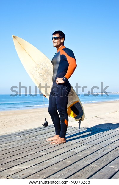 Handsome Surfer Wearing Sunglasses Wetsuit Standing Stock Photo (Edit ...