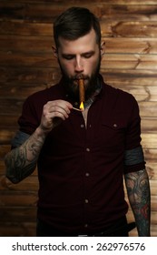 Beardedm Guy Tattooed Hands Smoking Cigar Stock Photo (Edit Now) 417944896